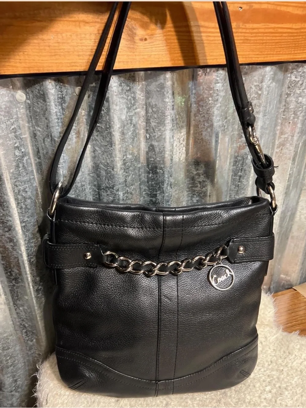 Coach Black Pebbled Leather Shoulder/crossbody Bag with Silver Chain